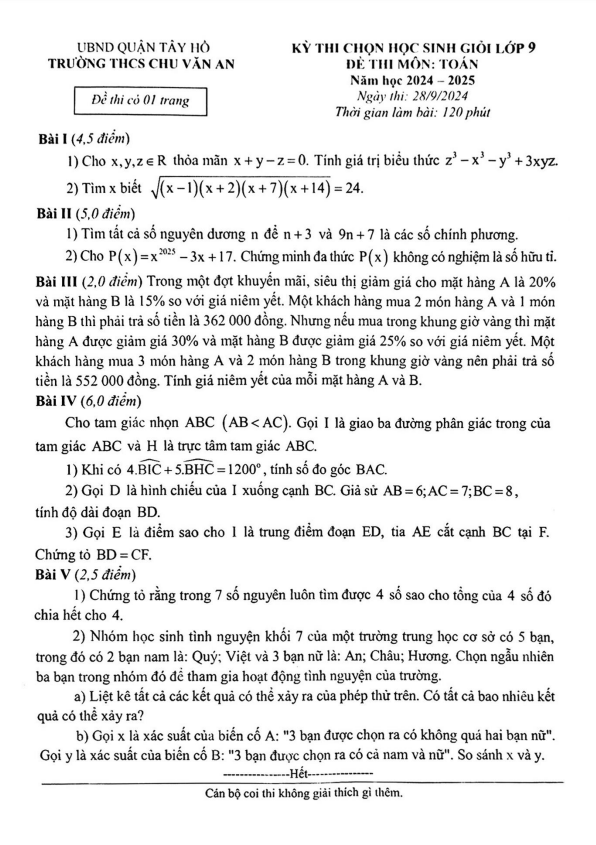 Đề chọn học sinh giỏi Toán 9 năm 2024 – 2025 trường THCS Chu Văn An – Hà Nội