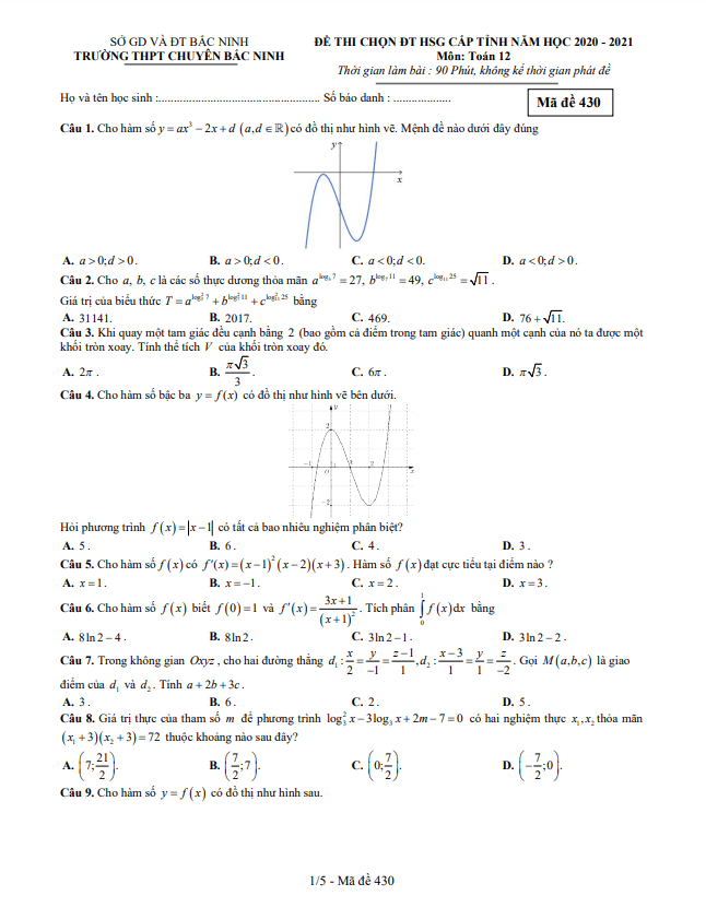 Đề chọn HSG cấp tỉnh Toán 12 năm 2020 – 2021 trường chuyên Bắc Ninh