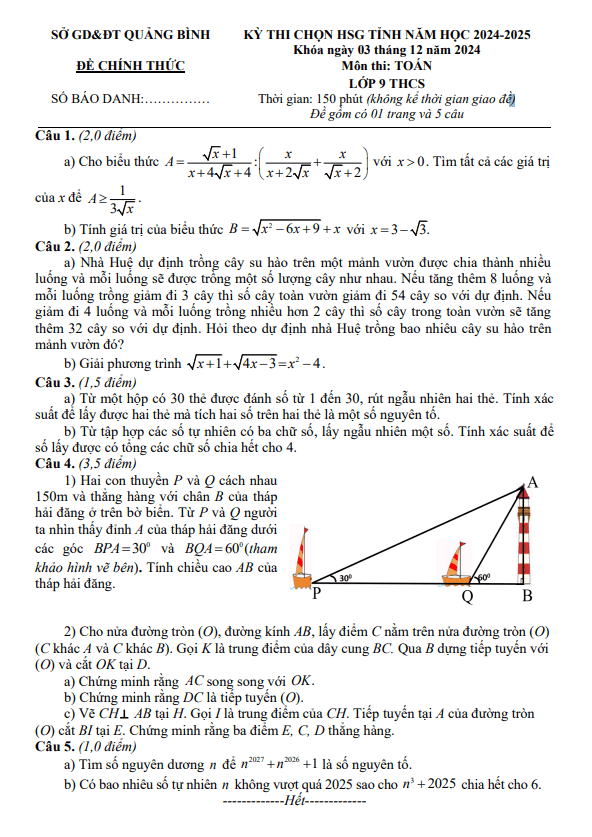 Đề chọn HSG tỉnh Toán 9 năm 2024 – 2025 sở GD&ĐT Quảng Bình