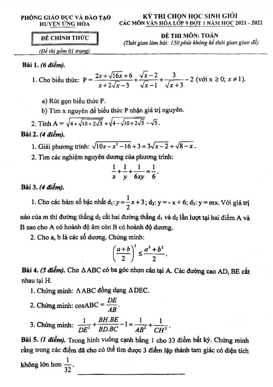 Đề chọn HSG Toán 9 đợt 1 năm 2021 – 2022 phòng GD&ĐT Ứng Hòa – Hà Nội