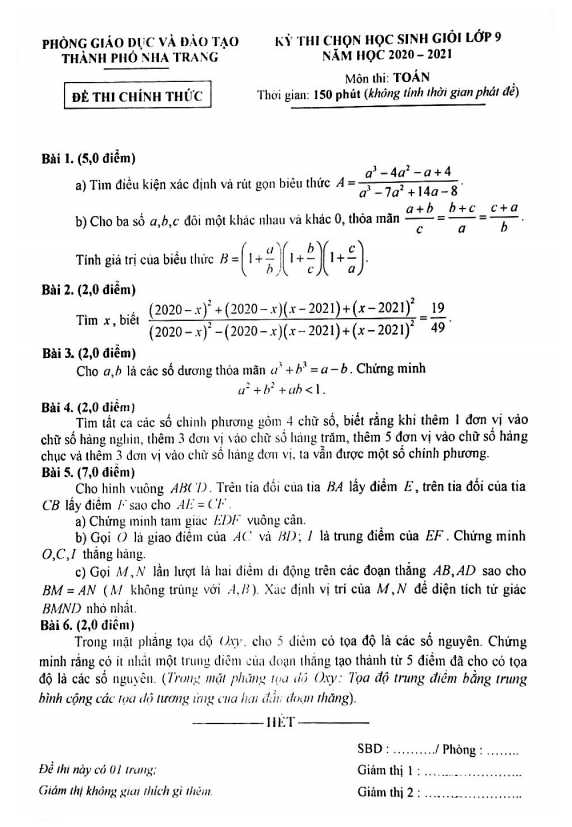 Đề chọn HSG Toán 9 năm 2020 – 2021 phòng GD&ĐT Nha Trang – Khánh Hòa
