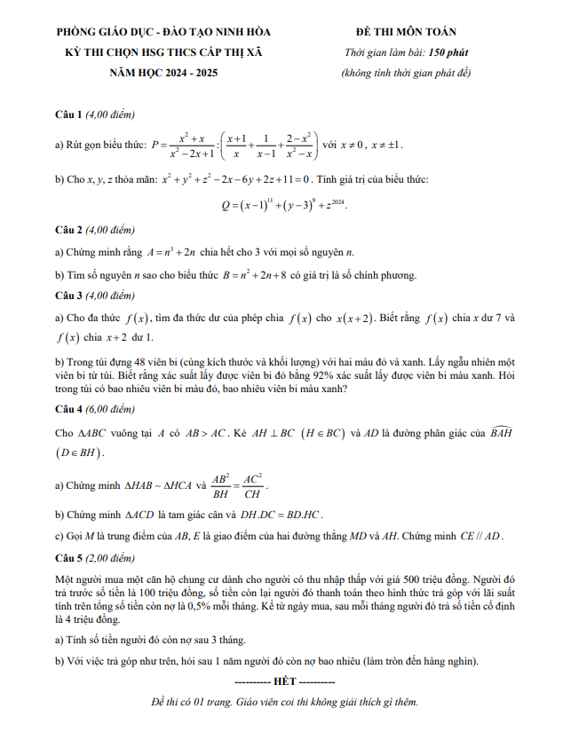 Đề chọn HSG Toán THCS năm 2024 – 2025 phòng GD&ĐT Ninh Hòa – Khánh Hòa