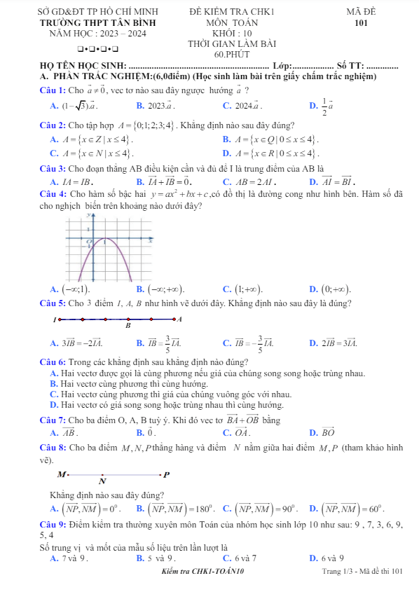 Đề cuối HK1 Toán 10 năm 2023 – 2024 trường THPT Tân Bình – TP HCM