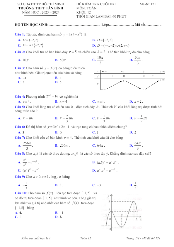 Đề cuối HK1 Toán 12 năm 2023 – 2024 trường THPT Tân Bình – TP HCM