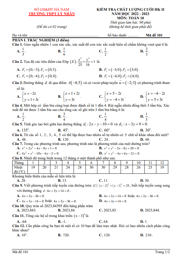 Đề cuối HK2 Toán 10 năm 2022 – 2023 trường THPT Lý Nhân – Hà Nam