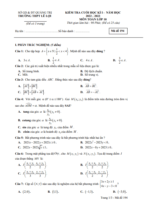 Đề cuối học kì 1 Toán 10 năm 2022 – 2023 trường THPT Lê Lợi – Quảng Trị