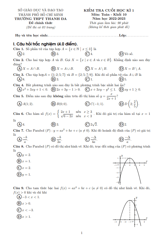 Đề cuối học kì 1 Toán 10 năm 2022 – 2023 trường THPT Thanh Đa – TP HCM