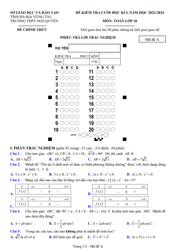 Đề cuối học kì 1 Toán 10 năm 2023 – 2024 trường THPT Ngô Quyền – BR VT