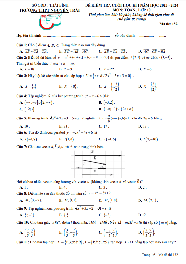 Đề cuối học kì 1 Toán 10 năm 2023 – 2024 trường THPT Nguyễn Trãi – Thái Bình
