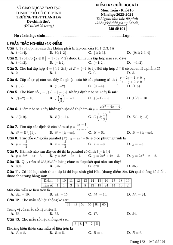 Đề cuối học kì 1 Toán 10 năm 2023 – 2024 trường THPT Thanh Đa – TP HCM
