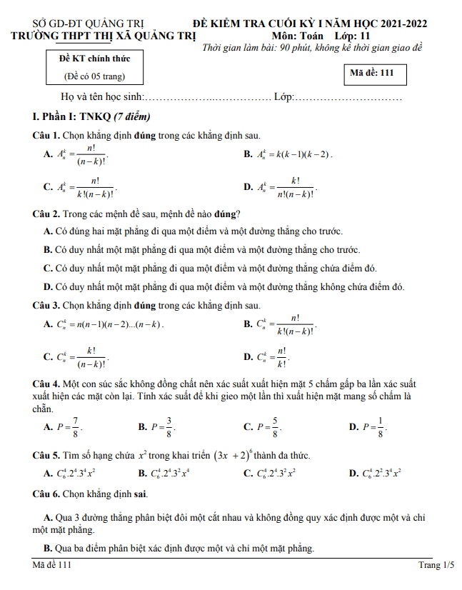 Đề cuối học kì 1 Toán 11 năm 2021 – 2022 trường THPT Thị xã Quảng Trị