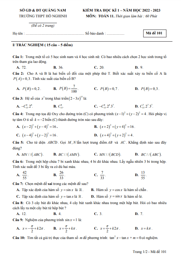 Đề cuối học kì 1 Toán 11 năm 2022 – 2023 trường THPT Hồ Nghinh – Quảng Nam