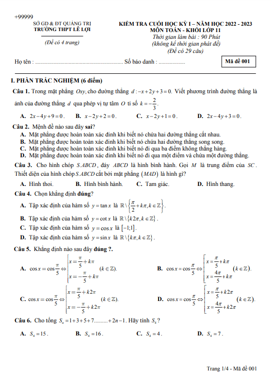 Đề cuối học kì 1 Toán 11 năm 2022 – 2023 trường THPT Lê Lợi – Quảng Trị