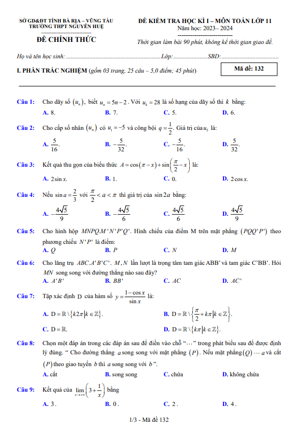 Đề cuối học kì 1 Toán 11 năm 2023 – 2024 trường THPT Nguyễn Huệ – BR VT