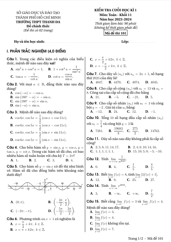 Đề cuối học kì 1 Toán 11 năm 2023 – 2024 trường THPT Thanh Đa – TP HCM