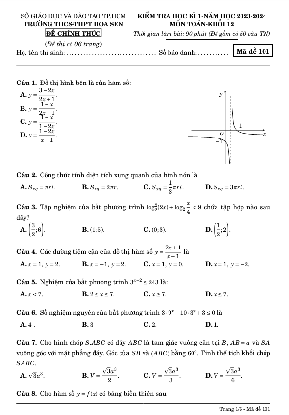 Đề cuối học kì 1 Toán 12 năm 2023 – 2024 trường THCS – THPT Hoa Sen – TP HCM