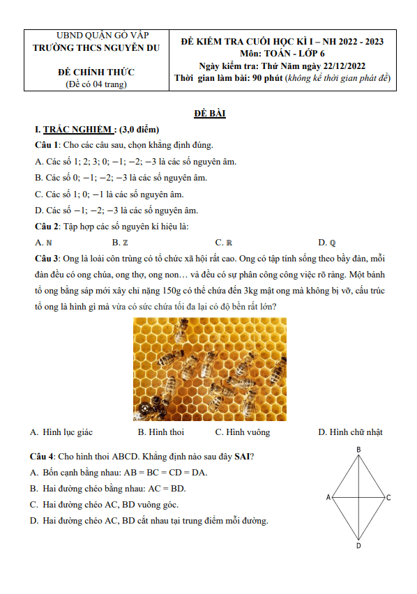 Đề cuối học kì 1 Toán 6 năm 2022 – 2023 trường THCS Nguyễn Du – TP HCM