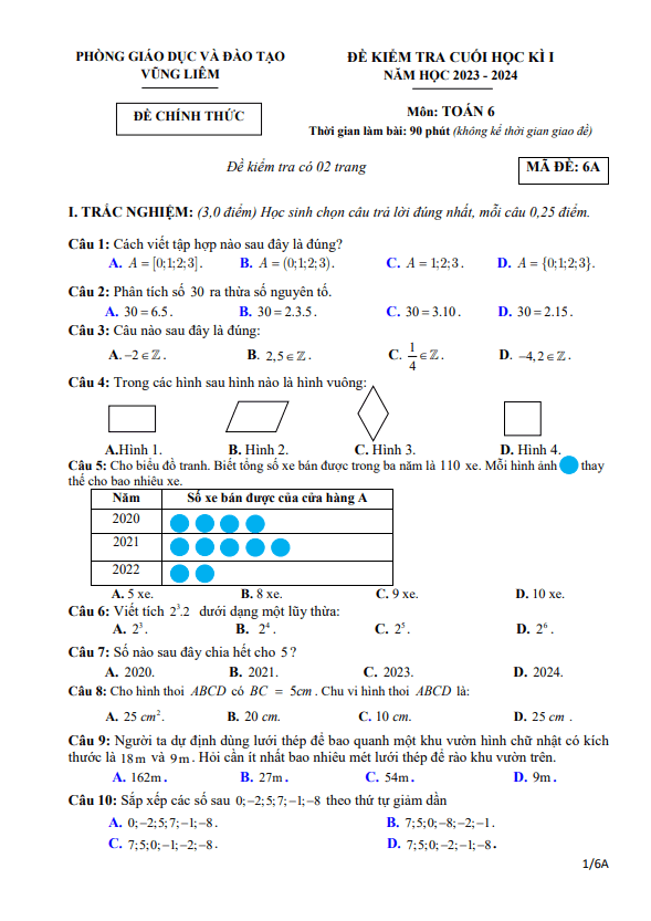 Đề cuối học kì 1 Toán 6 năm 2023 – 2024 phòng GD&ĐT Vũng Liêm – Vĩnh Long