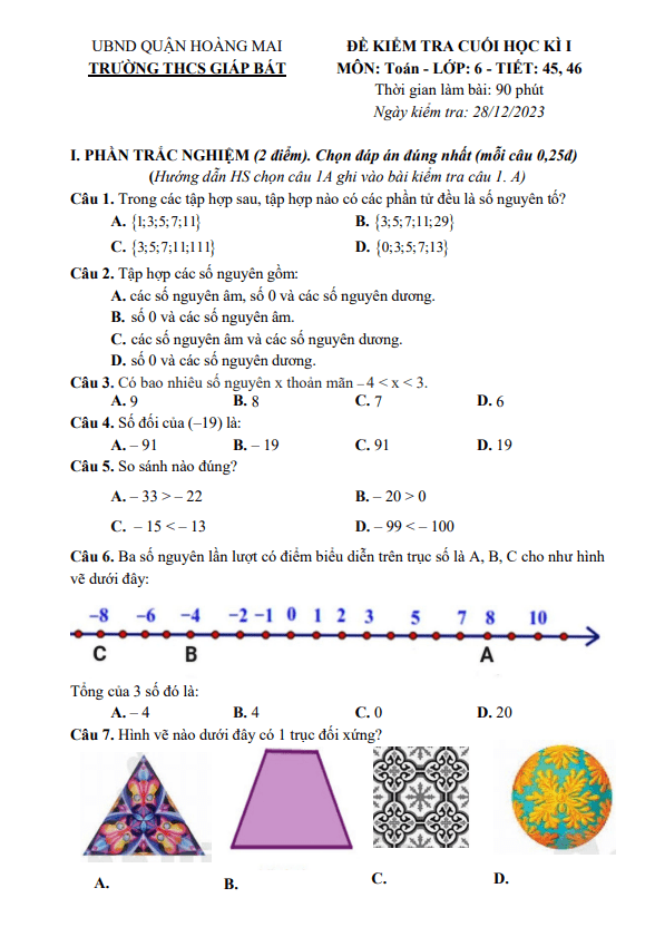 Đề cuối học kì 1 Toán 6 năm 2023 – 2024 trường THCS Giáp Bát – Hà Nội