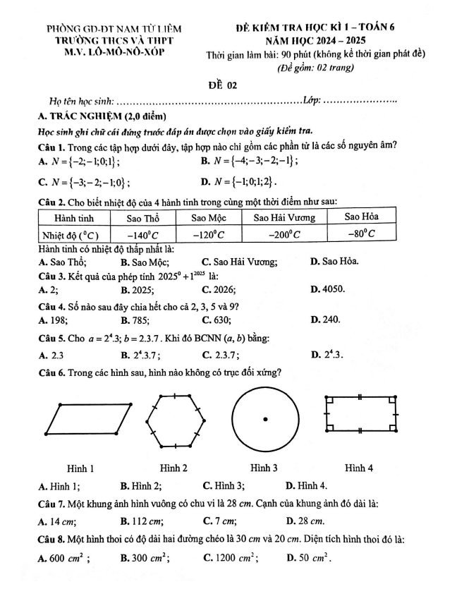 Đề cuối học kì 1 Toán 6 năm 2024 – 2025 trường M.V. Lômônôxốp – Hà Nội