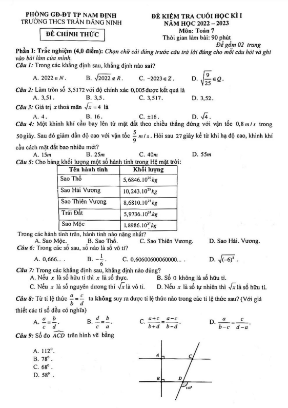 Đề cuối học kì 1 Toán 7 năm 2022 – 2023 trường THCS Trần Đăng Ninh – Nam Định