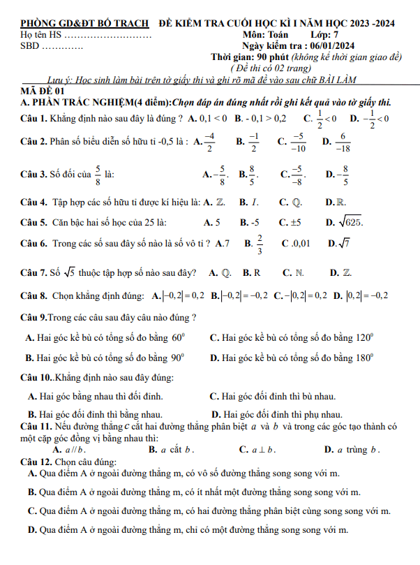 Đề cuối học kì 1 Toán 7 năm 2023 – 2024 phòng GD&ĐT Bố Trạch – Quảng Bình