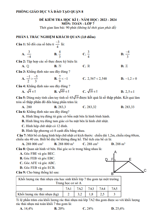 Đề cuối học kì 1 Toán 7 năm 2023 – 2024 phòng GD&ĐT quận 8 – TP HCM