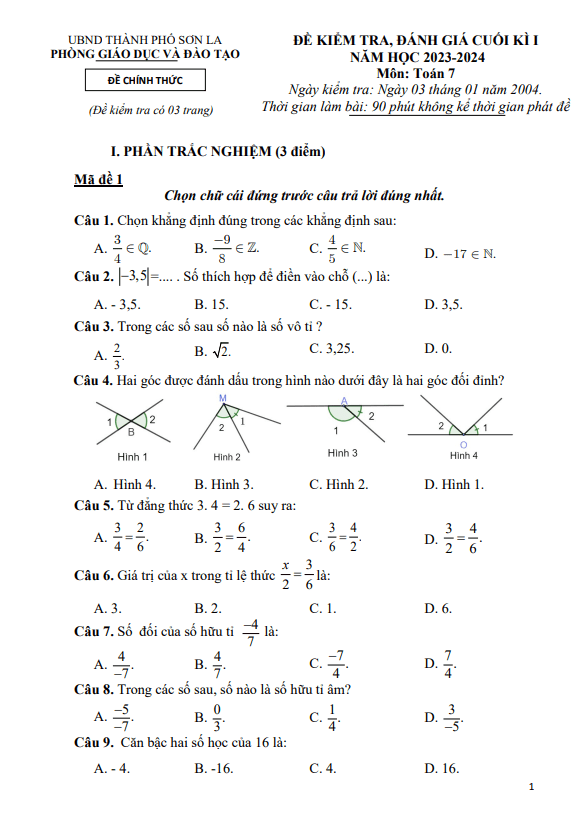 Đề cuối học kì 1 Toán 7 năm 2023 – 2024 phòng GD&ĐT thành phố Sơn La