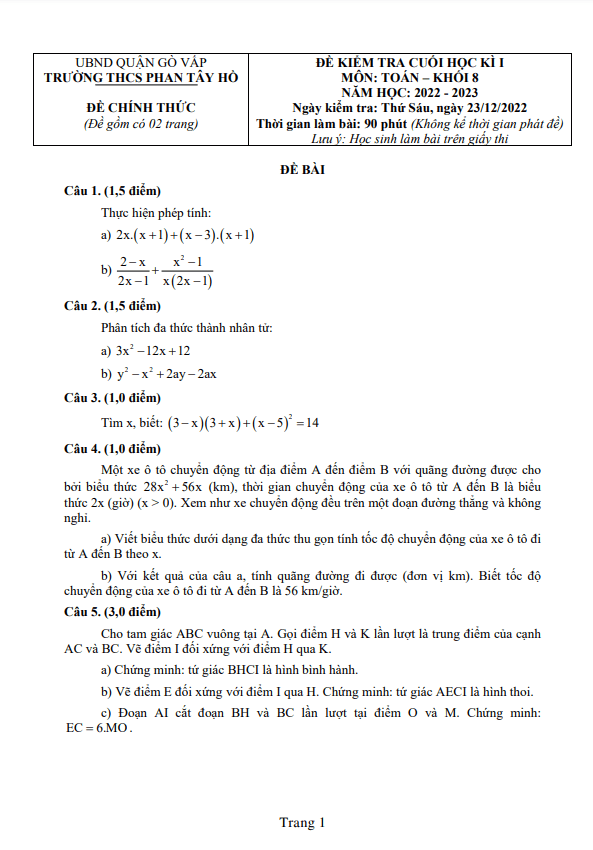 Đề cuối học kì 1 Toán 8 năm 2022 – 2023 trường THCS Phan Tây Hồ – TP HCM