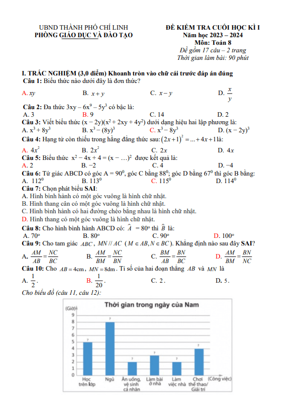 Đề cuối học kì 1 Toán 8 năm 2023 – 2024 phòng GD&ĐT Chí Linh – Hải Dương