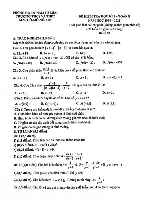 Đề cuối học kì 1 Toán 8 năm 2024 – 2025 trường M.V. Lômônôxốp – Hà Nội