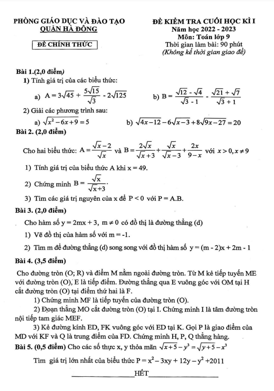 Đề cuối học kì 1 Toán 9 năm 2022 – 2023 phòng GD&ĐT Hà Đông – Hà Nội