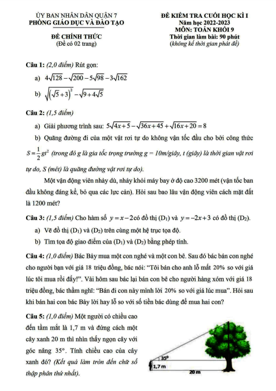 Đề cuối học kì 1 Toán 9 năm 2022 – 2023 phòng GD&ĐT Quận 7 – TP HCM