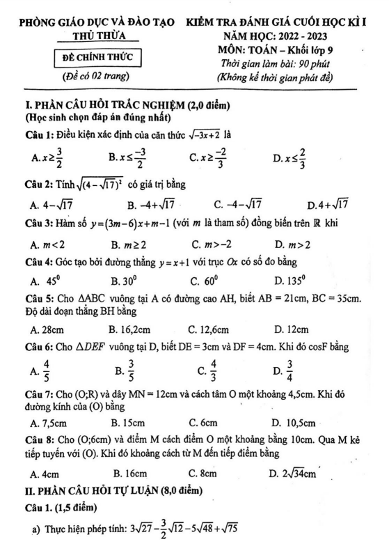 Đề cuối học kì 1 Toán 9 năm 2022 – 2023 phòng GD&ĐT Thủ Thừa – Long An
