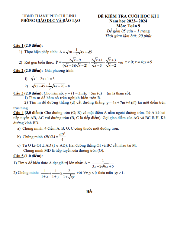 Đề cuối học kì 1 Toán 9 năm 2023 – 2024 phòng GD&ĐT Chí Linh – Hải Dương