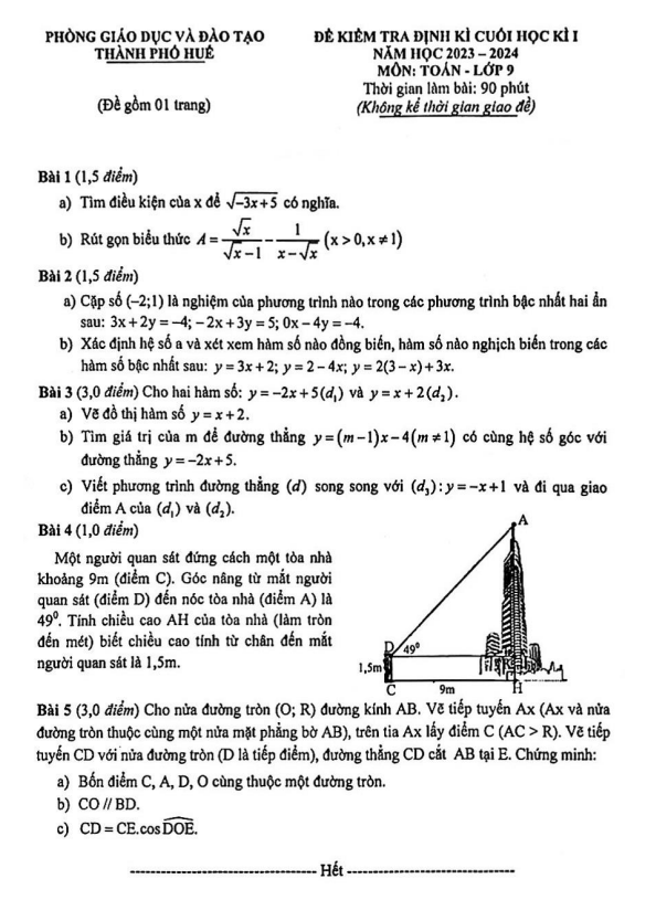 Đề cuối học kì 1 Toán 9 năm 2023 – 2024 phòng GD&ĐT thành phố Huế