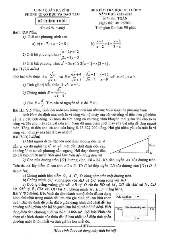 Đề cuối học kì 1 Toán 9 năm 2024 – 2025 phòng GD&ĐT Ba Đình – Hà Nội