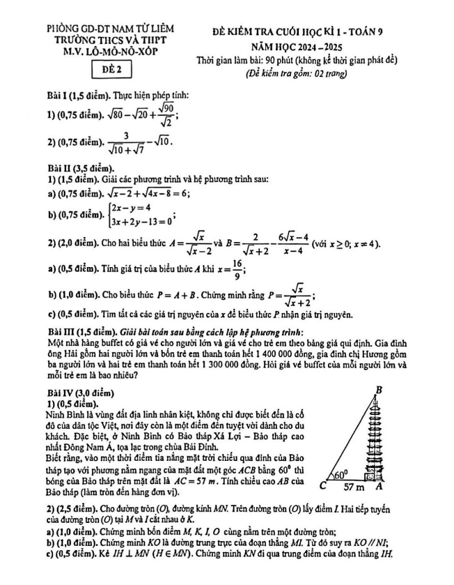 Đề cuối học kì 1 Toán 9 năm 2024 – 2025 trường M.V. Lômônôxốp – Hà Nội