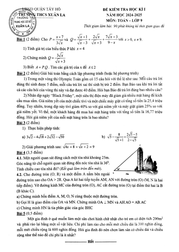 Đề cuối học kì 1 Toán 9 năm 2024 – 2025 trường THCS Xuân La – Hà Nội