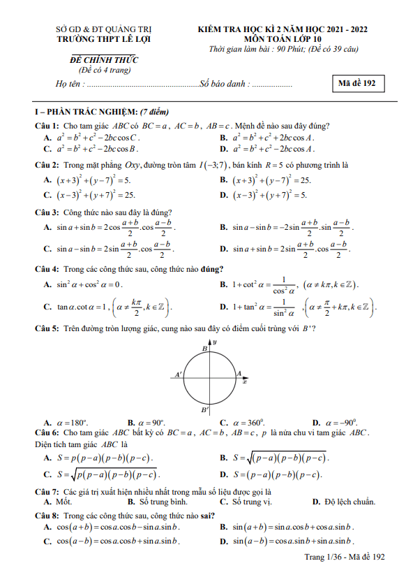 Đề cuối học kì 2 Toán 10 năm 2021 – 2022 trường THPT Lê Lợi – Quảng Trị