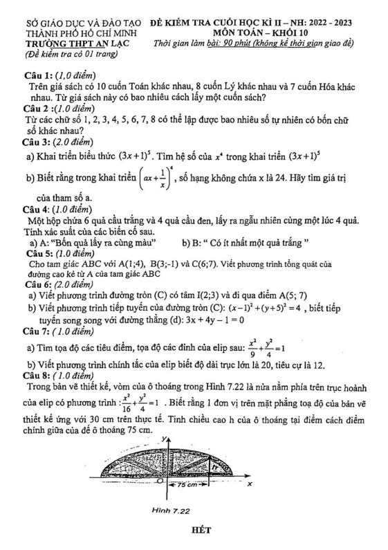 Đề cuối học kì 2 Toán 10 năm 2022 – 2023 trường THPT An Lạc – TP HCM