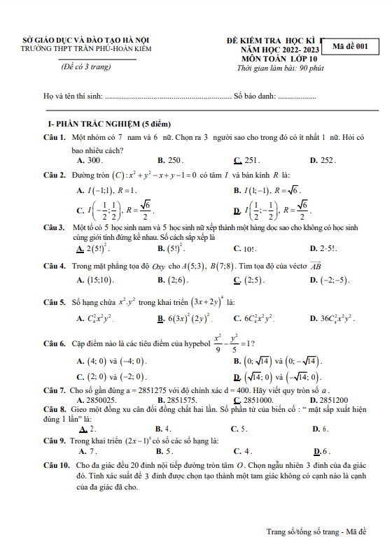 Đề cuối học kì 2 Toán 10 năm 2022 – 2023 trường THPT Trần Phú – Hà Nội