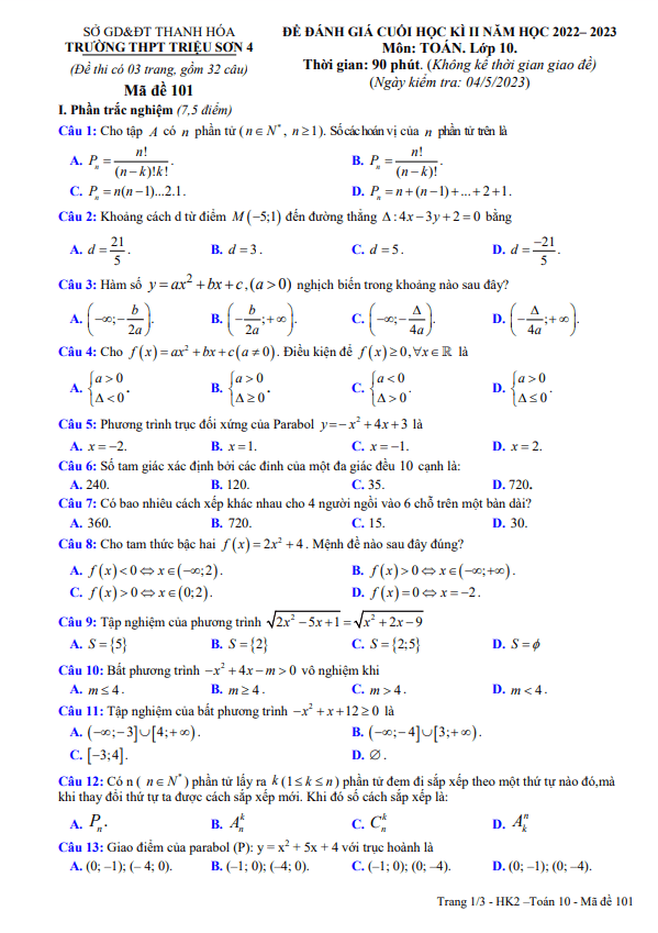 Đề cuối học kì 2 Toán 10 năm 2022 – 2023 trường THPT Triệu Sơn 4 – Thanh Hóa