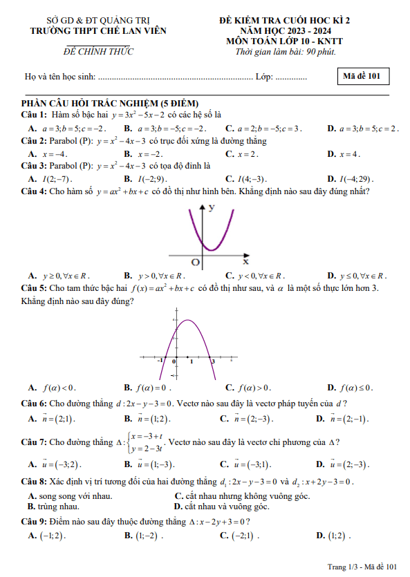 Đề cuối học kì 2 Toán 10 năm 2023 – 2024 trường THPT Chế Lan Viên – Quảng Trị