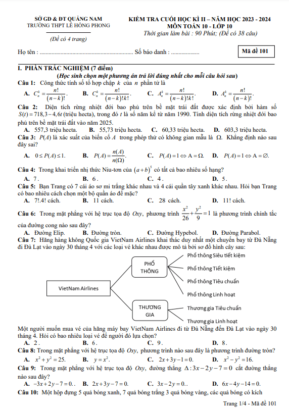 Đề cuối học kì 2 Toán 10 năm 2023 – 2024 trường THPT Lê Hồng Phong – Quảng Nam