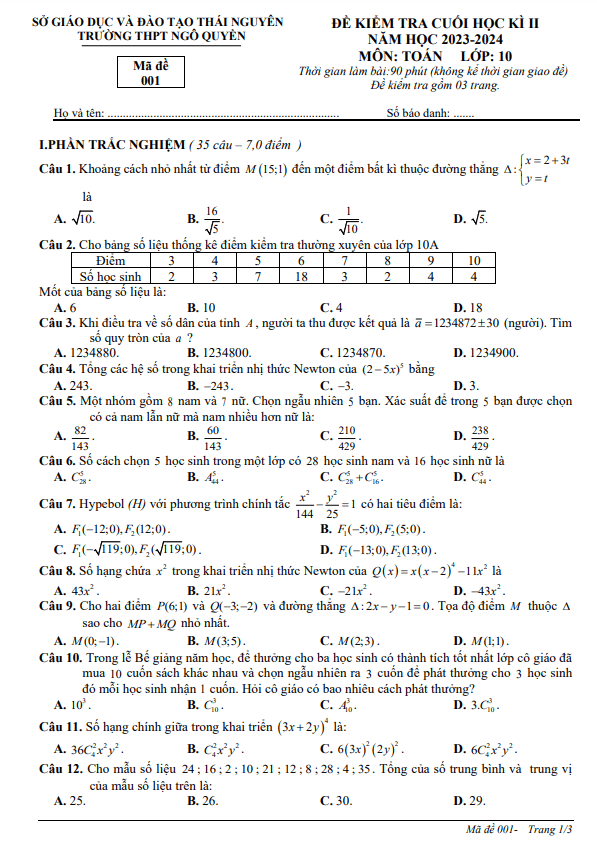 Đề cuối học kì 2 Toán 10 năm 2023 – 2024 trường THPT Ngô Quyền – Thái Nguyên
