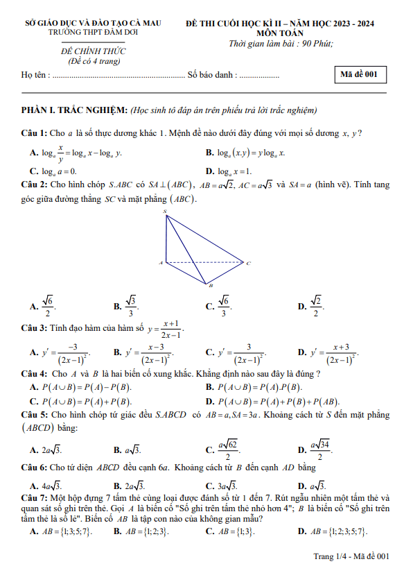 Đề cuối học kì 2 Toán 11 năm 2023 – 2024 trường THPT Đầm Dơi – Cà Mau