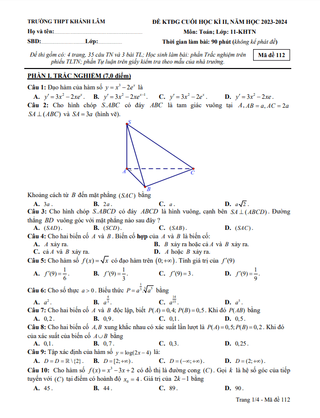 Đề cuối học kì 2 Toán 11 năm 2023 – 2024 trường THPT Khánh Lâm – Cà Mau
