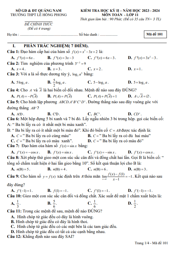 Đề cuối học kì 2 Toán 11 năm 2023 – 2024 trường THPT Lê Hồng Phong – Quảng Nam