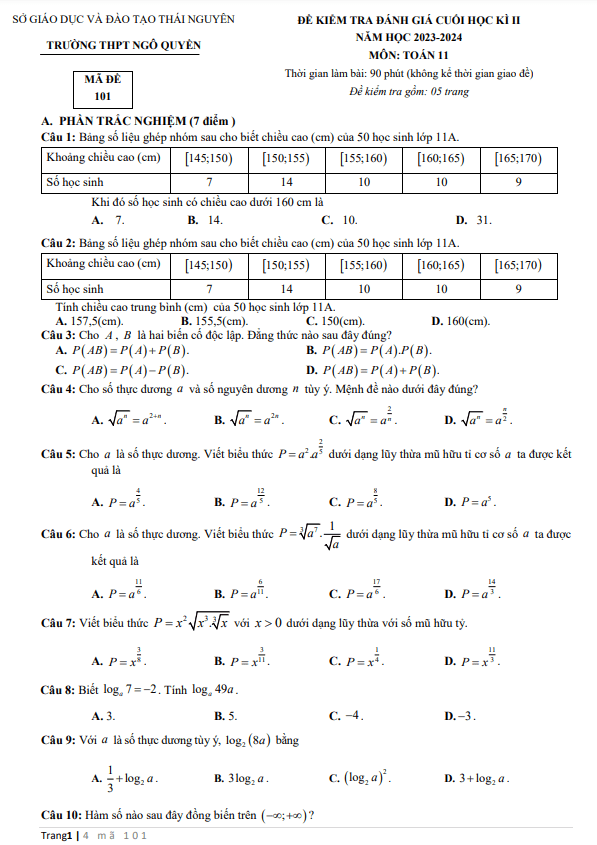 Đề cuối học kì 2 Toán 11 năm 2023 – 2024 trường THPT Ngô Quyền – Thái Nguyên